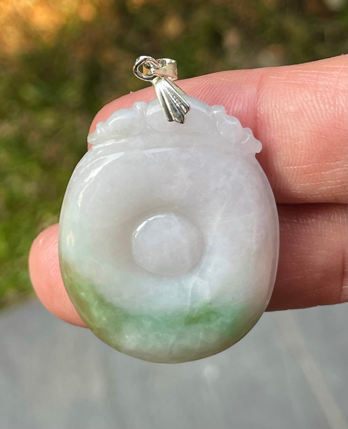 Natural Burmese Jadeite Jade Pendant – White & Imperial Green – Hand-Carved Donut with Ruyi Head Motif – JP083