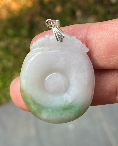 Natural Burmese Jadeite Jade Pendant – White & Imperial Green – Hand-Carved Donut with Ruyi Head Motif – JP083