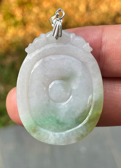 Natural Burmese Jadeite Jade Pendant – White & Imperial Green – Hand-Carved Donut with Ruyi Head Motif – JP083