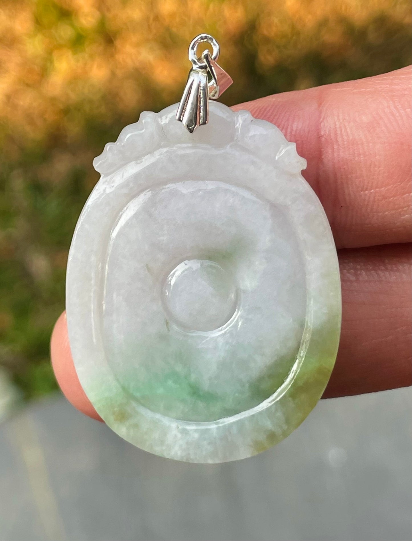 Natural Burmese Jadeite Jade Pendant – White & Imperial Green – Hand-Carved Donut with Ruyi Head Motif – JP083