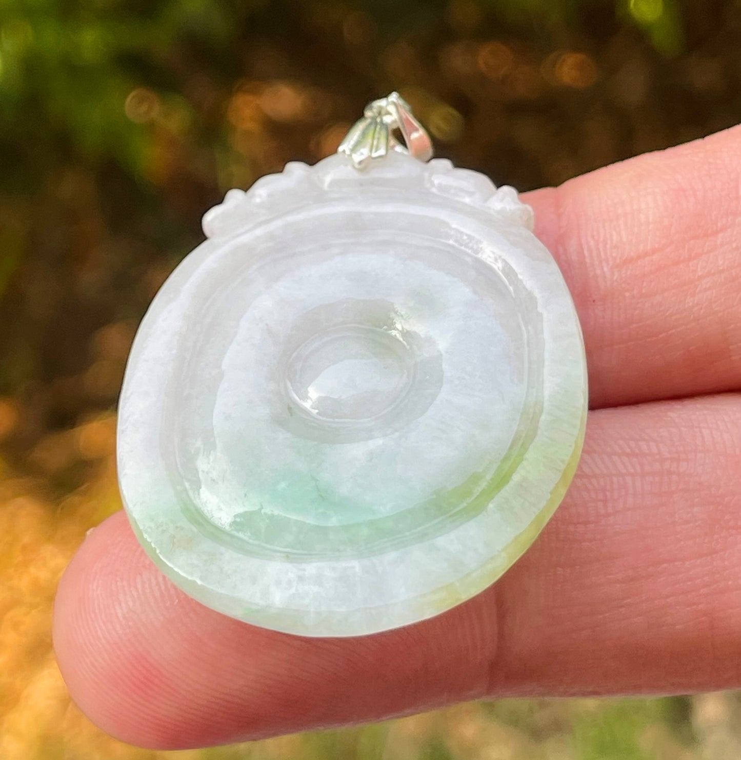 Natural Burmese Jadeite Jade Pendant – White & Imperial Green – Hand-Carved Donut with Ruyi Head Motif – JP083