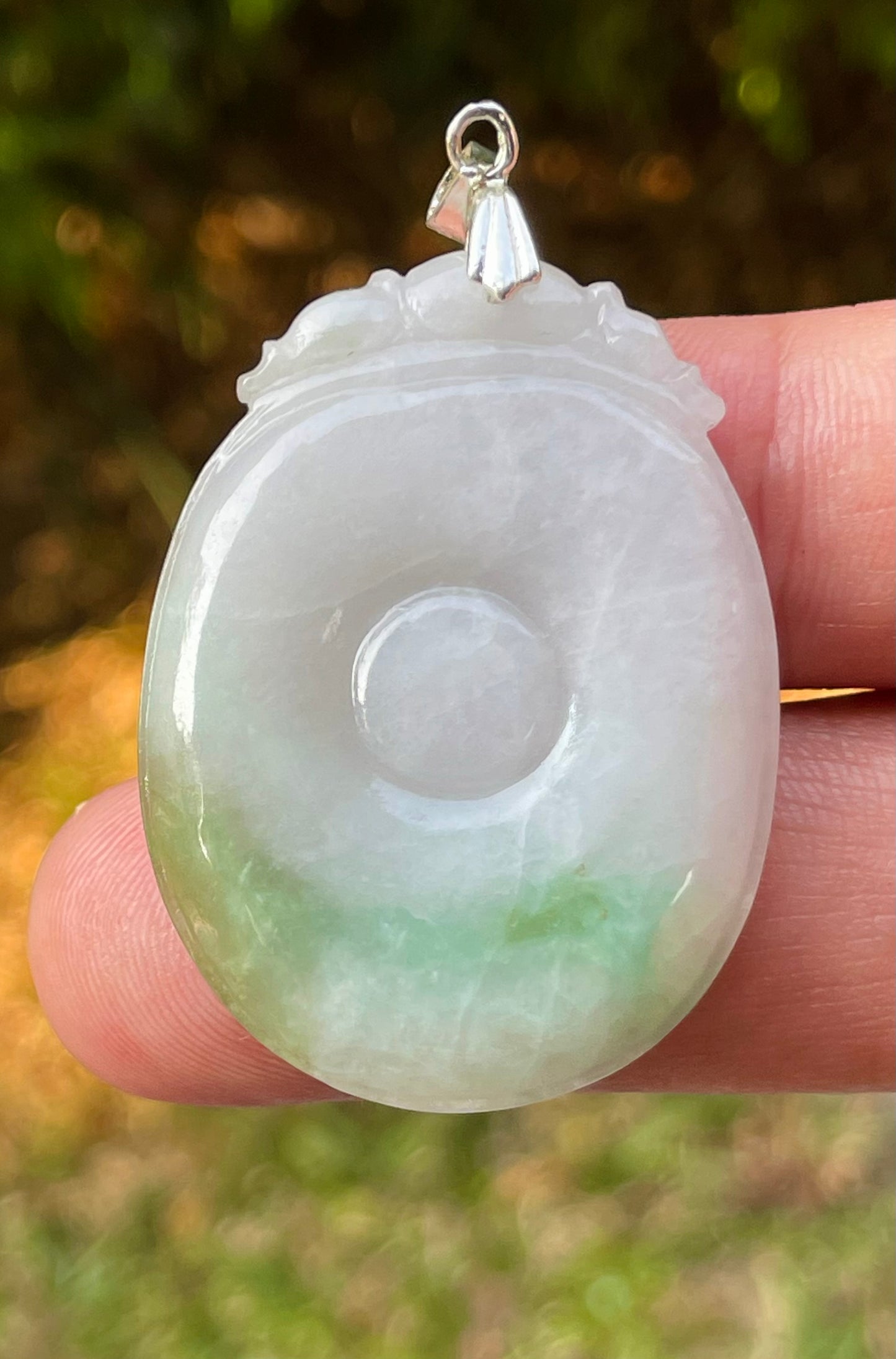 Natural Burmese Jadeite Jade Pendant – White & Imperial Green – Hand-Carved Donut with Ruyi Head Motif – JP083