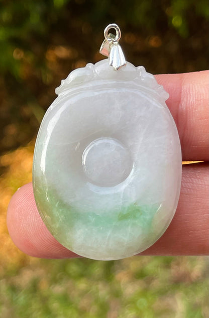 Natural Burmese Jadeite Jade Pendant – White & Imperial Green – Hand-Carved Donut with Ruyi Head Motif – JP083