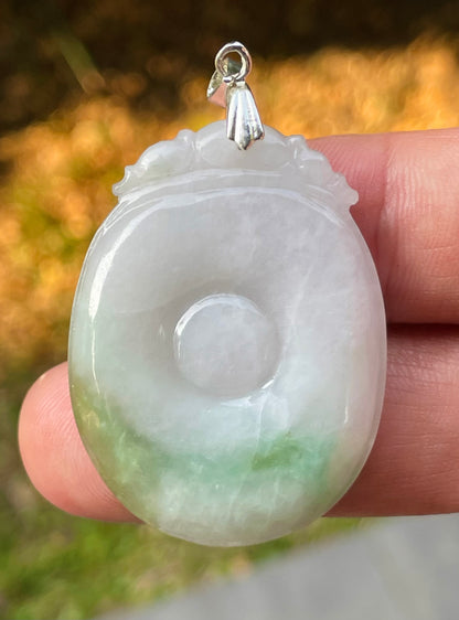 Natural Burmese Jadeite Jade Pendant – White & Imperial Green – Hand-Carved Donut with Ruyi Head Motif – JP083