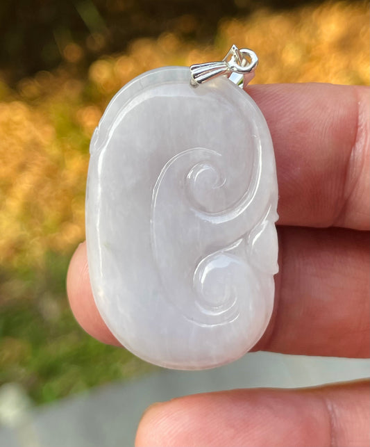 Natural Grade A Burmese Jadeite Jade Pendant – Milky White – Hand-Carved Ruyi Swirl Motif – JP085