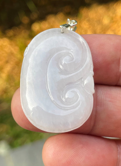Natural Burmese Jadeite Jade Pendant – Milky White – Hand-Carved Ruyi Swirl Motif – JP085