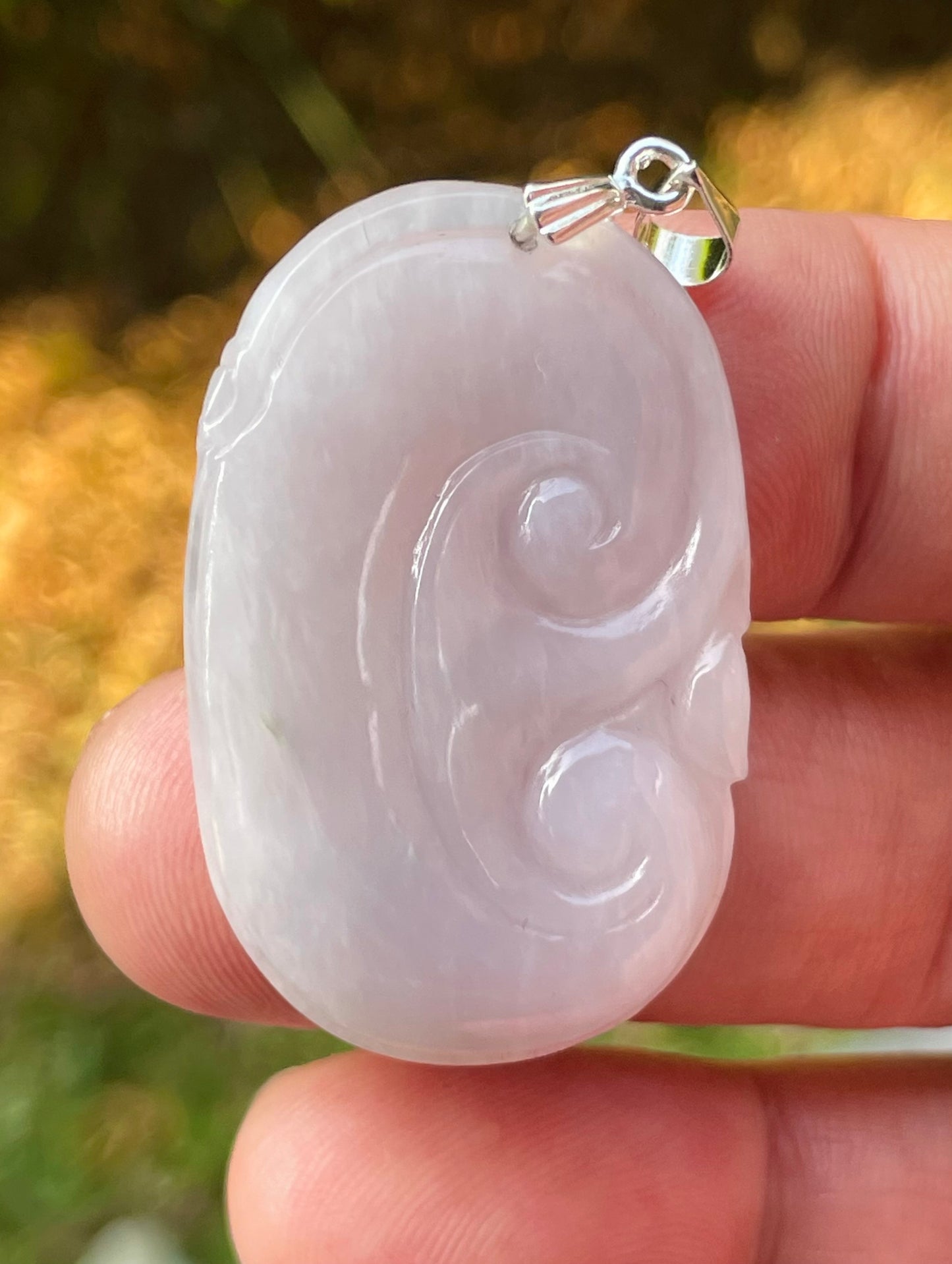 Natural Burmese Jadeite Jade Pendant – Milky White – Hand-Carved Ruyi Swirl Motif – JP085