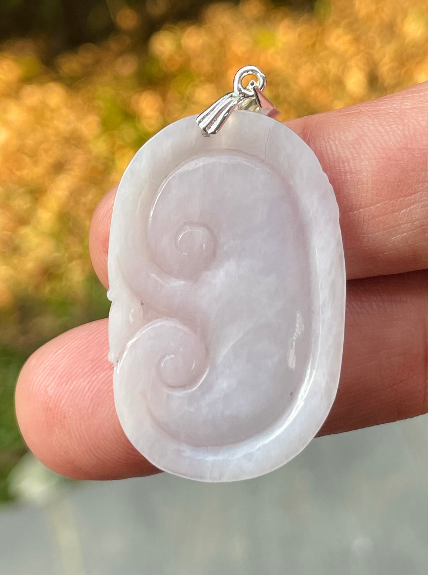 Natural Burmese Jadeite Jade Pendant – Milky White – Hand-Carved Ruyi Swirl Motif – JP085