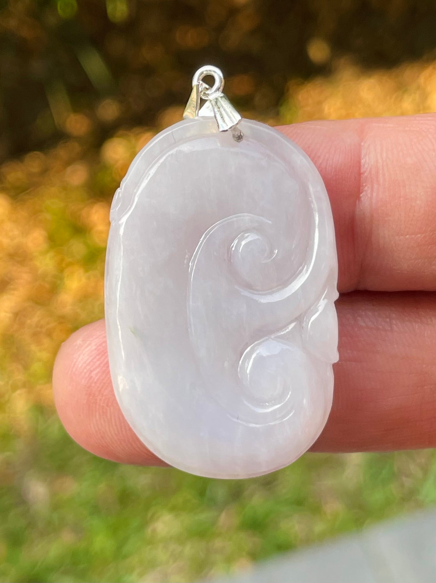 Natural Burmese Jadeite Jade Pendant – Milky White – Hand-Carved Ruyi Swirl Motif – JP085