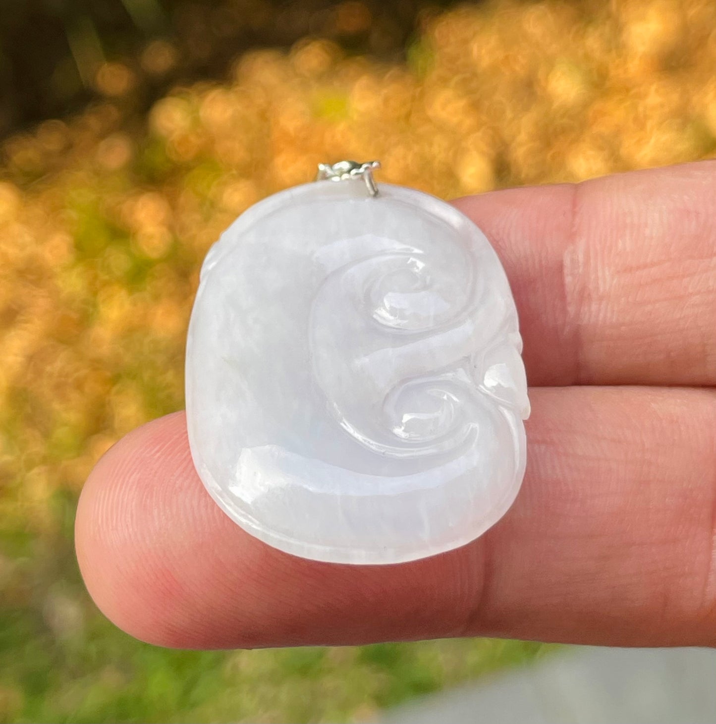 Natural Burmese Jadeite Jade Pendant – Milky White – Hand-Carved Ruyi Swirl Motif – JP085