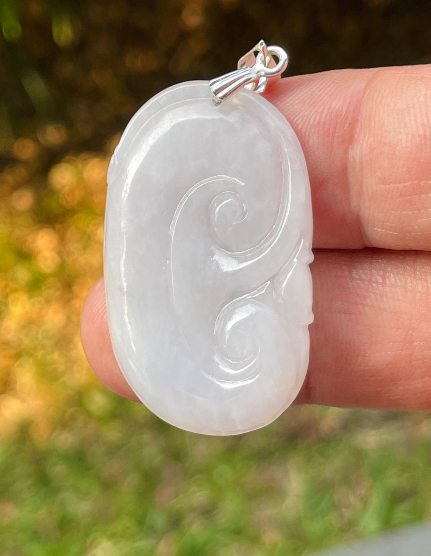 Natural Burmese Jadeite Jade Pendant – Milky White – Hand-Carved Ruyi Swirl Motif – JP085