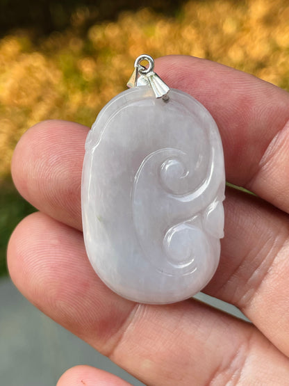 Natural Burmese Jadeite Jade Pendant – Milky White – Hand-Carved Ruyi Swirl Motif – JP085