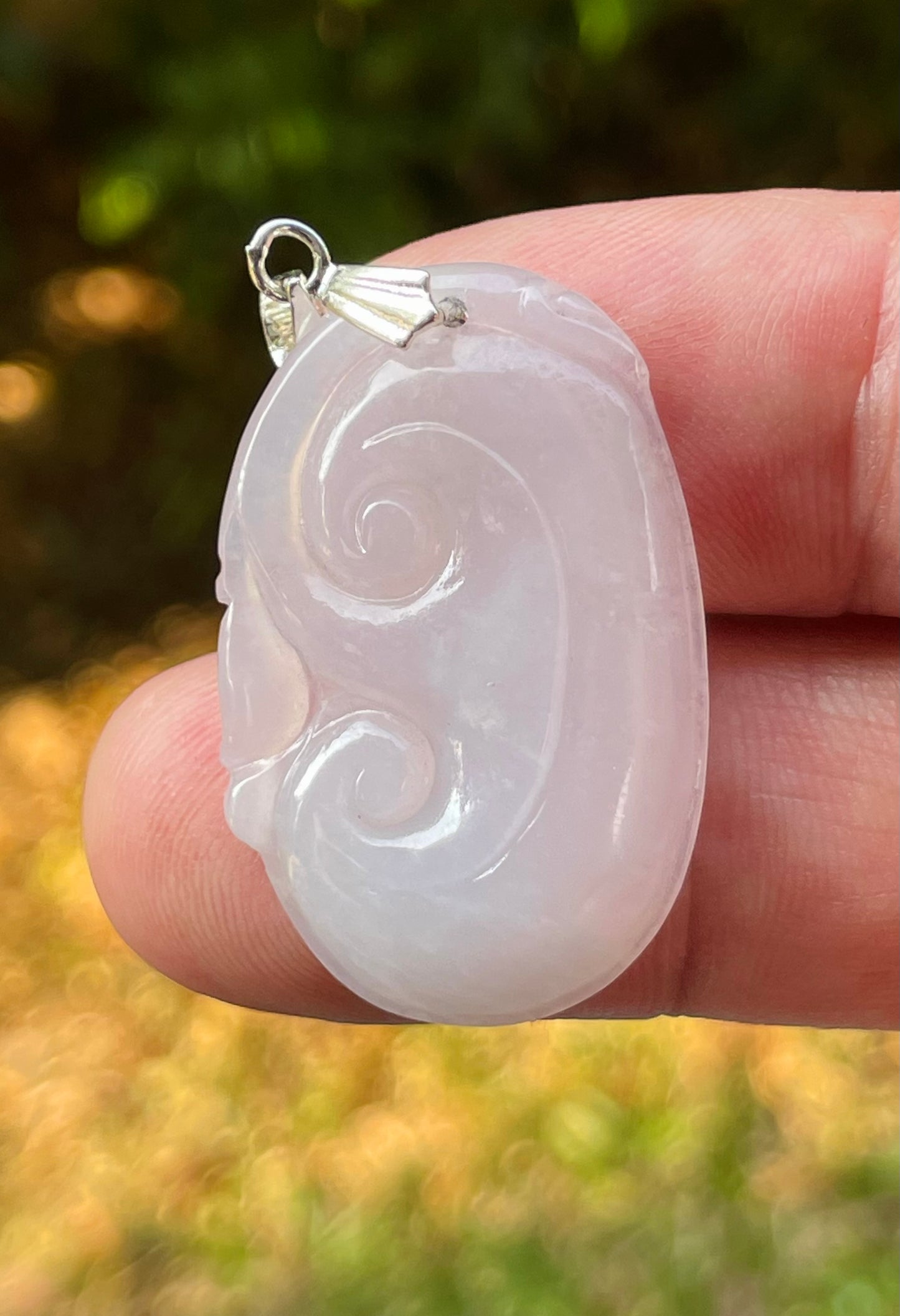 Natural Burmese Jadeite Jade Pendant – Milky White – Hand-Carved Ruyi Swirl Motif – JP086