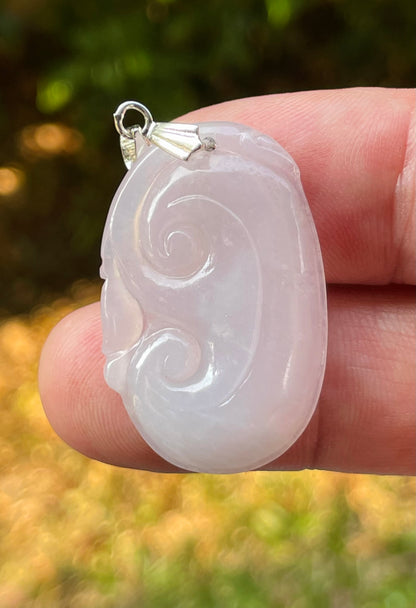 Natural Burmese Jadeite Jade Pendant – Milky White – Hand-Carved Ruyi Swirl Motif – JP086