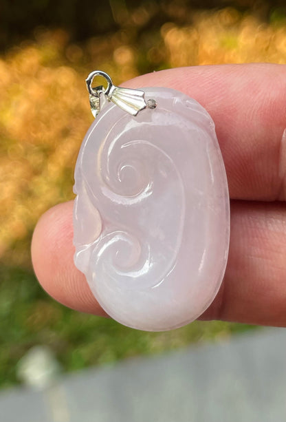 Natural Burmese Jadeite Jade Pendant – Milky White – Hand-Carved Ruyi Swirl Motif – JP086