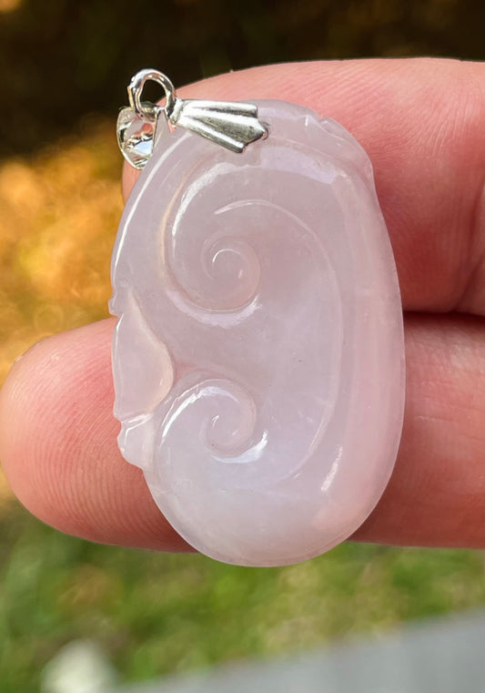 Natural Burmese Jadeite Jade Pendant – Milky White – Hand-Carved Ruyi Swirl Motif – JP086