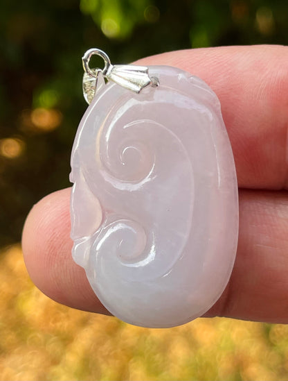 Natural Burmese Jadeite Jade Pendant – Milky White – Hand-Carved Ruyi Swirl Motif – JP086