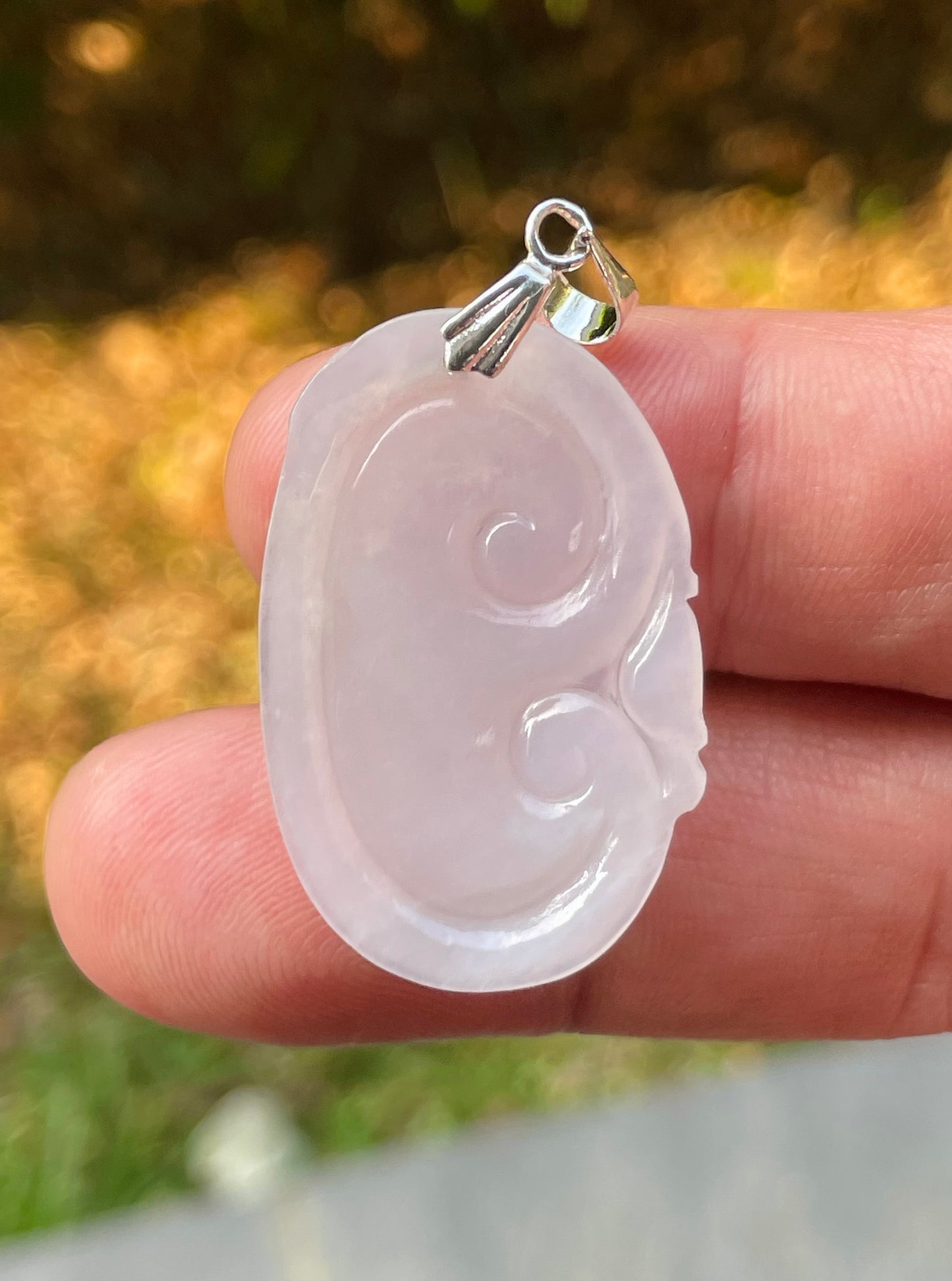 Natural Burmese Jadeite Jade Pendant – Milky White – Hand-Carved Ruyi Swirl Motif – JP086