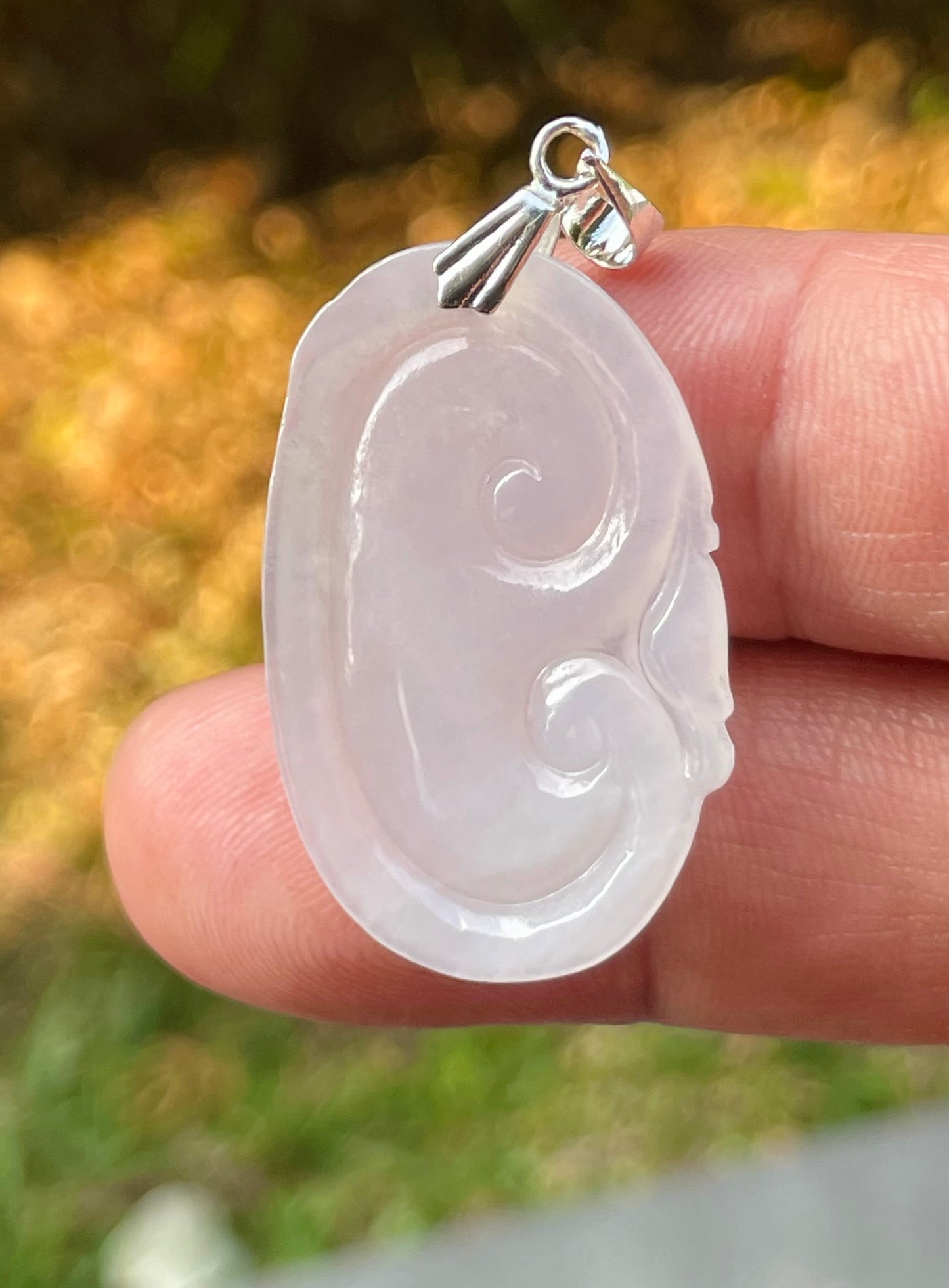 Natural Burmese Jadeite Jade Pendant – Milky White – Hand-Carved Ruyi Swirl Motif – JP086