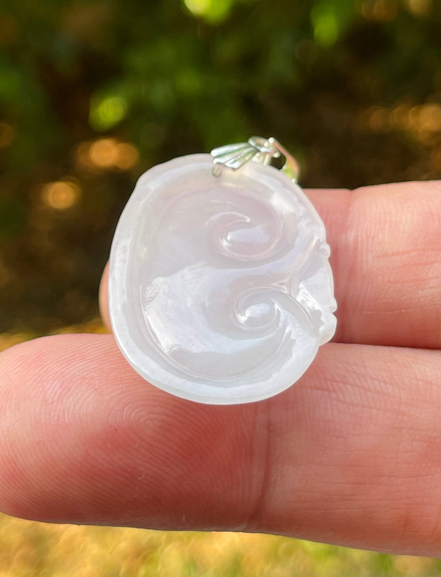 Natural Burmese Jadeite Jade Pendant – Milky White – Hand-Carved Ruyi Swirl Motif – JP086