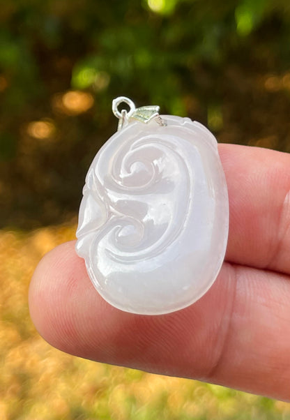 Natural Burmese Jadeite Jade Pendant – Milky White – Hand-Carved Ruyi Swirl Motif – JP086