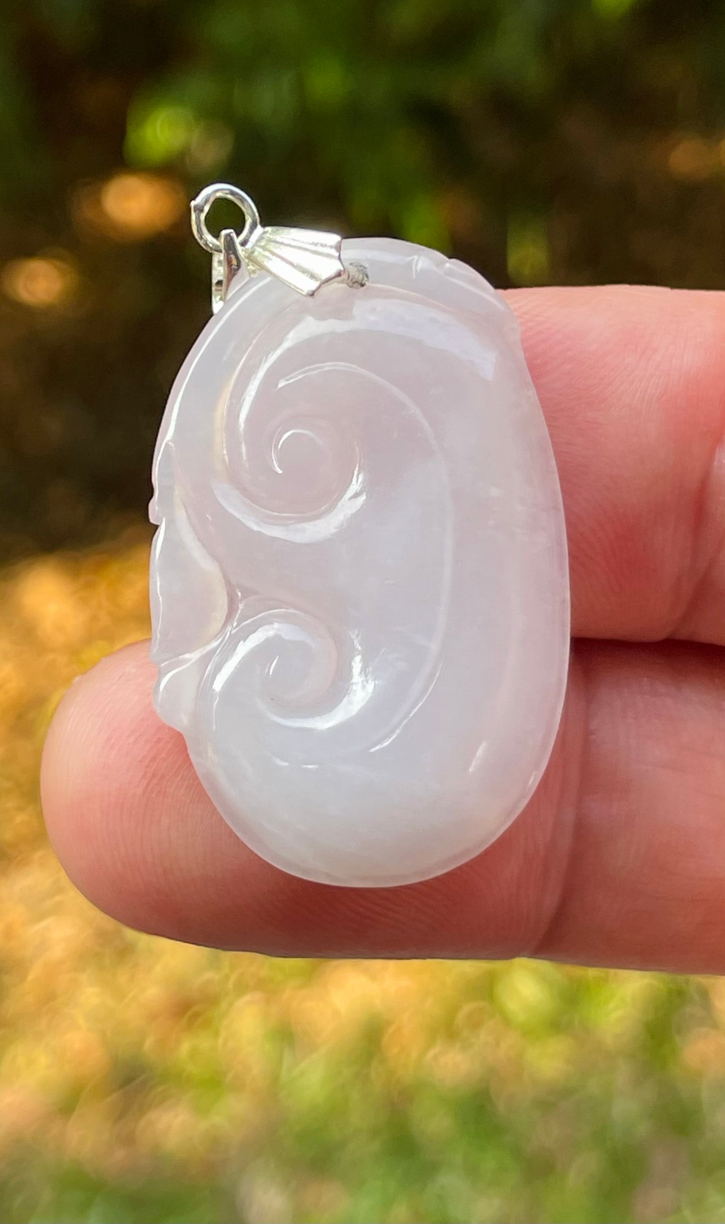 Natural Burmese Jadeite Jade Pendant – Milky White – Hand-Carved Ruyi Swirl Motif – JP086