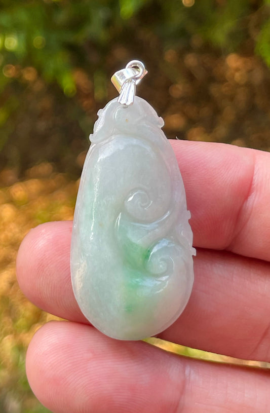 Natural Burmese Jadeite Jade Pendant – Milky White & Imperial Green – Hand-Carved Ruyi Swirl Motif – JP089