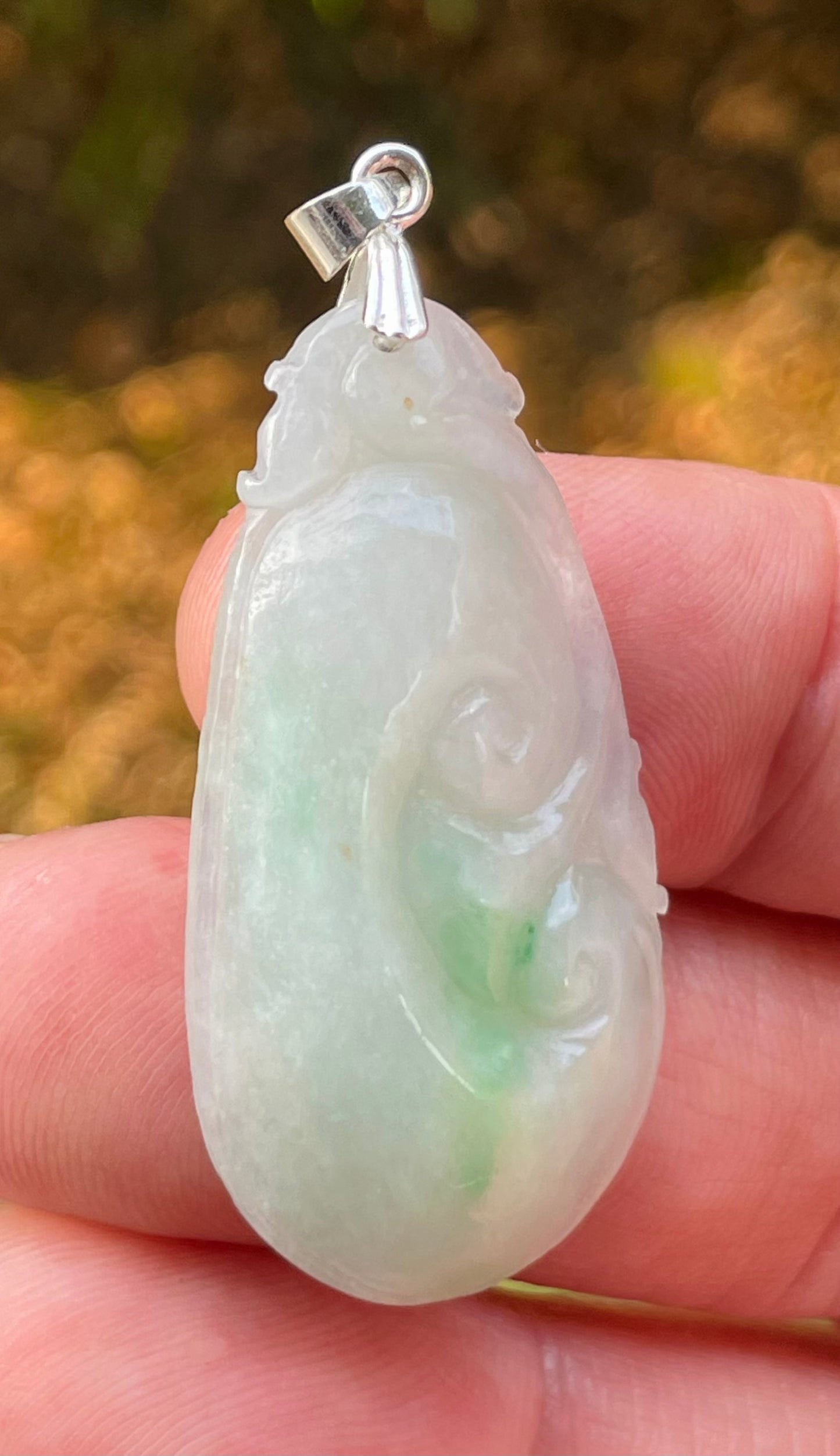 Natural Burmese Jadeite Jade Pendant – Milky White & Imperial Green – Hand-Carved Ruyi Swirl Motif – JP089