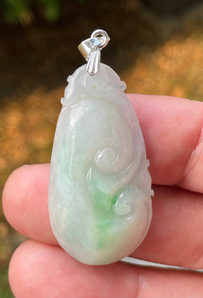 Natural Burmese Jadeite Jade Pendant – Milky White & Imperial Green – Hand-Carved Ruyi Swirl Motif – JP089