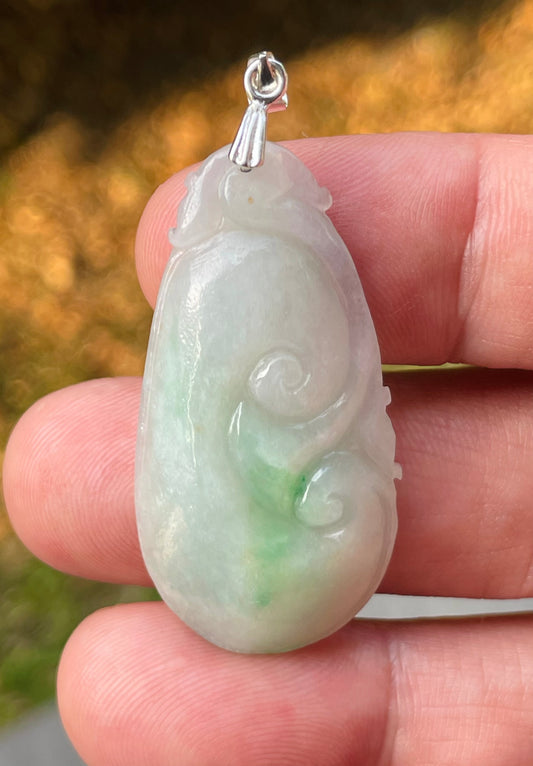 Natural Grade A Burmese Jadeite Jade Pendant – Milky White & Imperial Green – Hand-Carved Ruyi Swirl Motif – JP089