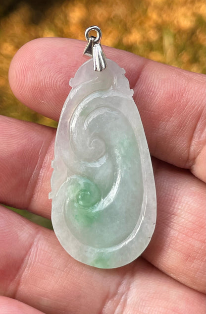 Natural Burmese Jadeite Jade Pendant – Milky White & Imperial Green – Hand-Carved Ruyi Swirl Motif – JP089