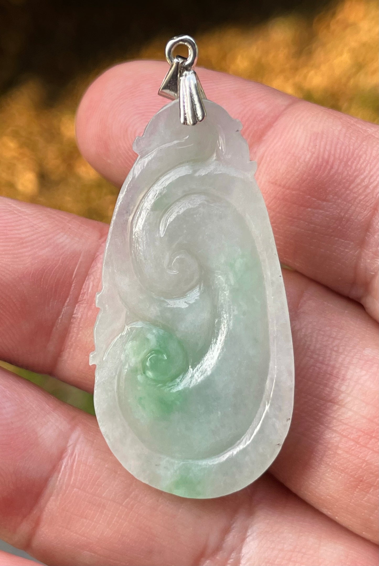 Natural Burmese Jadeite Jade Pendant – Milky White & Imperial Green – Hand-Carved Ruyi Swirl Motif – JP089