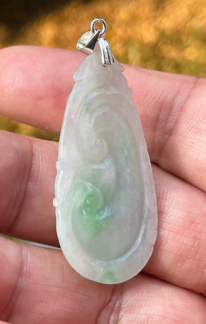 Natural Burmese Jadeite Jade Pendant – Milky White & Imperial Green – Hand-Carved Ruyi Swirl Motif – JP089