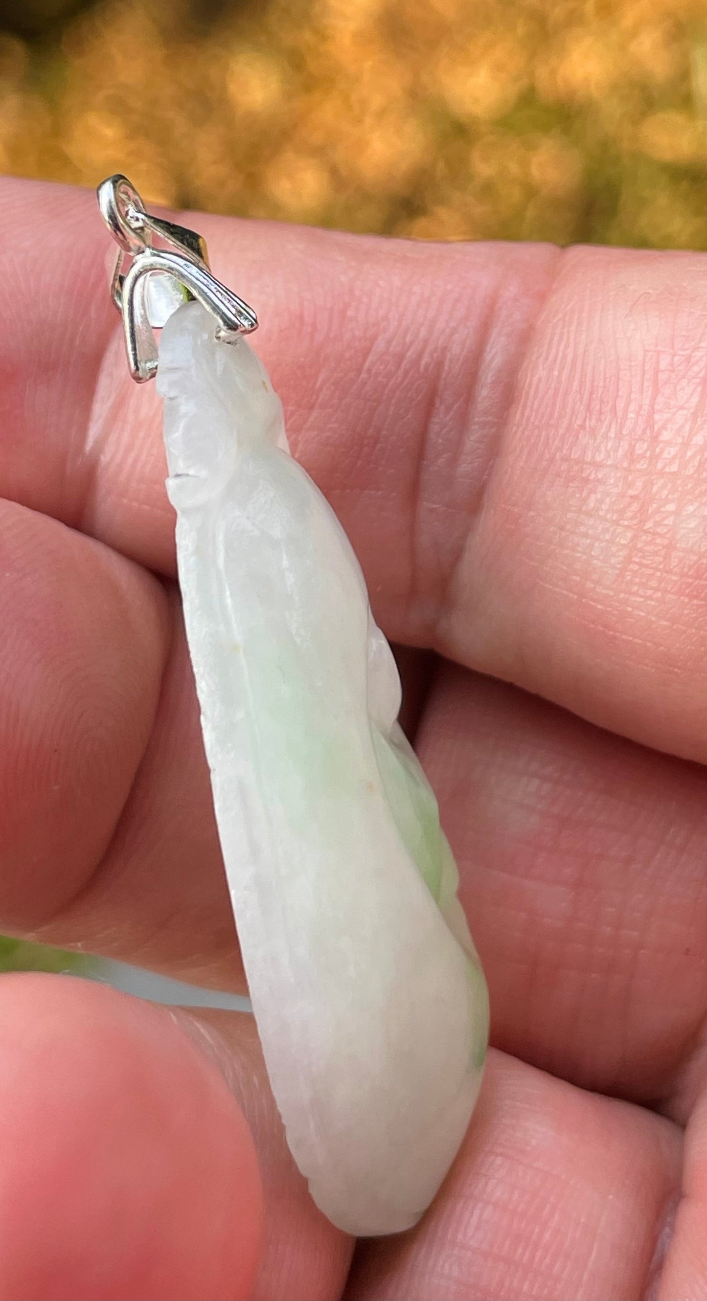 Natural Burmese Jadeite Jade Pendant – Milky White & Imperial Green – Hand-Carved Ruyi Swirl Motif – JP089