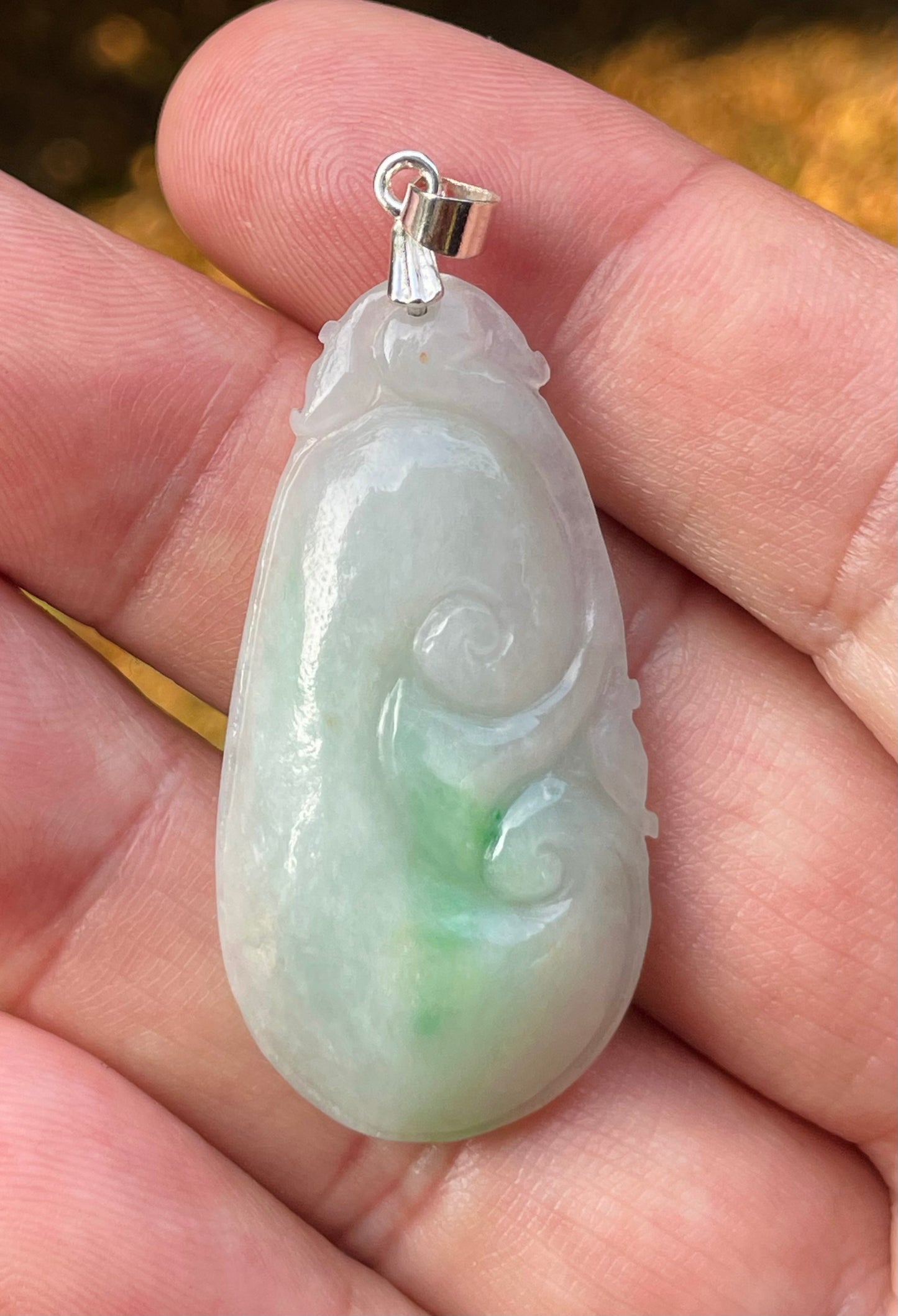Natural Burmese Jadeite Jade Pendant – Milky White & Imperial Green – Hand-Carved Ruyi Swirl Motif – JP089