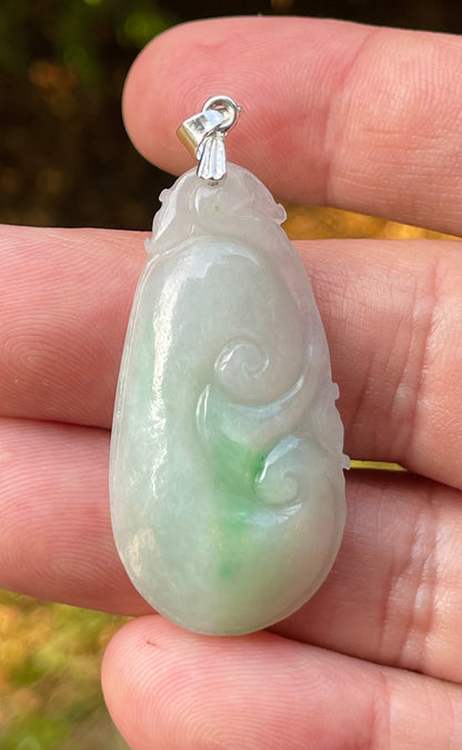 Natural Burmese Jadeite Jade Pendant – Milky White & Imperial Green – Hand-Carved Ruyi Swirl Motif – JP089
