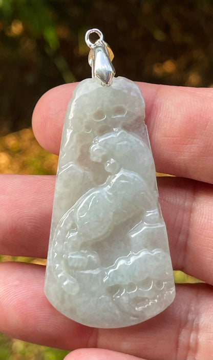 Natural Burmese Jadeite Jade Pendant – Milky White & Apple Green – Hand-Carved Lion Motif – JP090