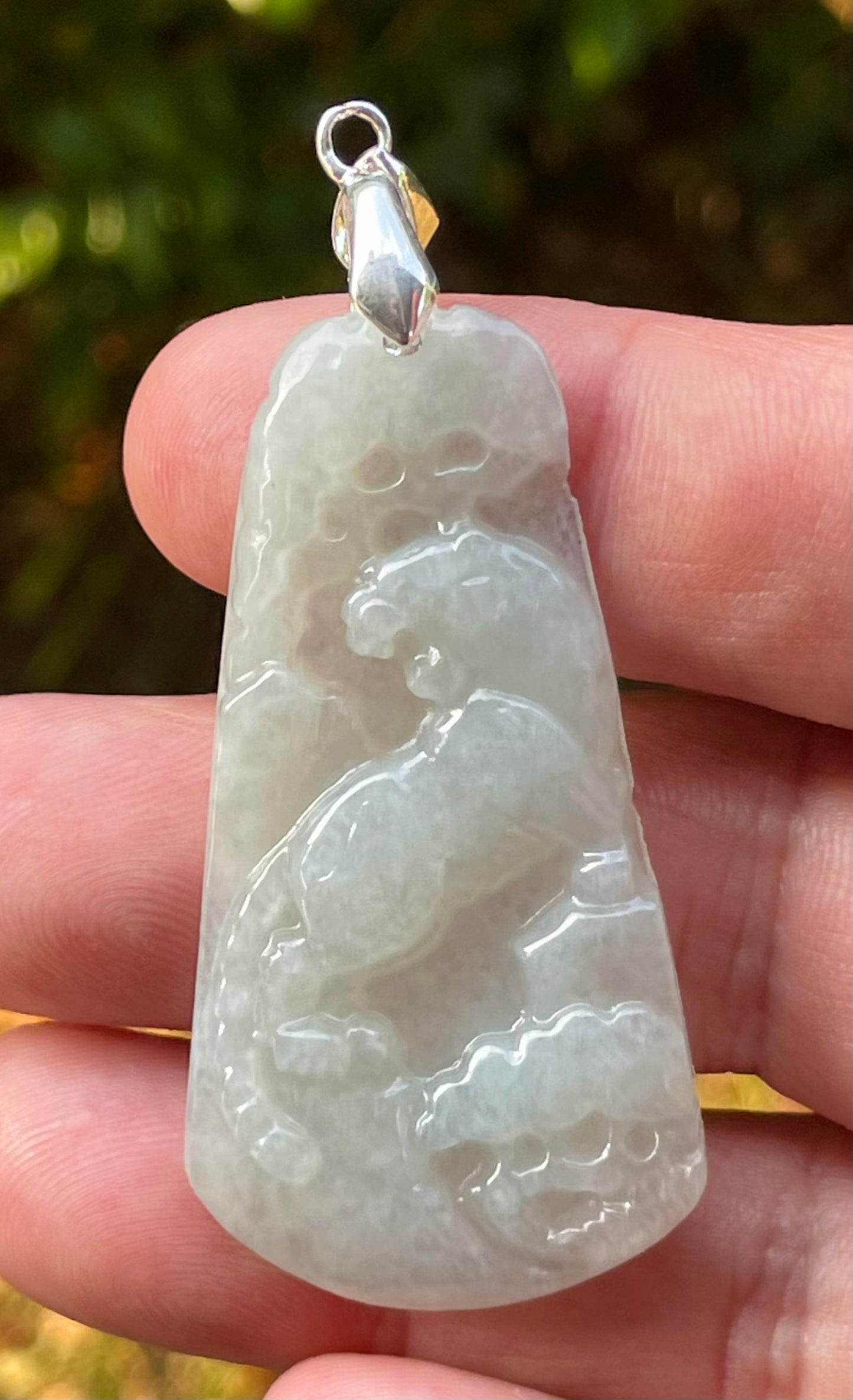 Natural Burmese Jadeite Jade Pendant – Milky White & Apple Green – Hand-Carved Lion Motif – JP090