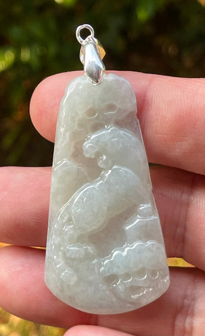Natural Burmese Jadeite Jade Pendant – Milky White & Apple Green – Hand-Carved Lion Motif – JP090
