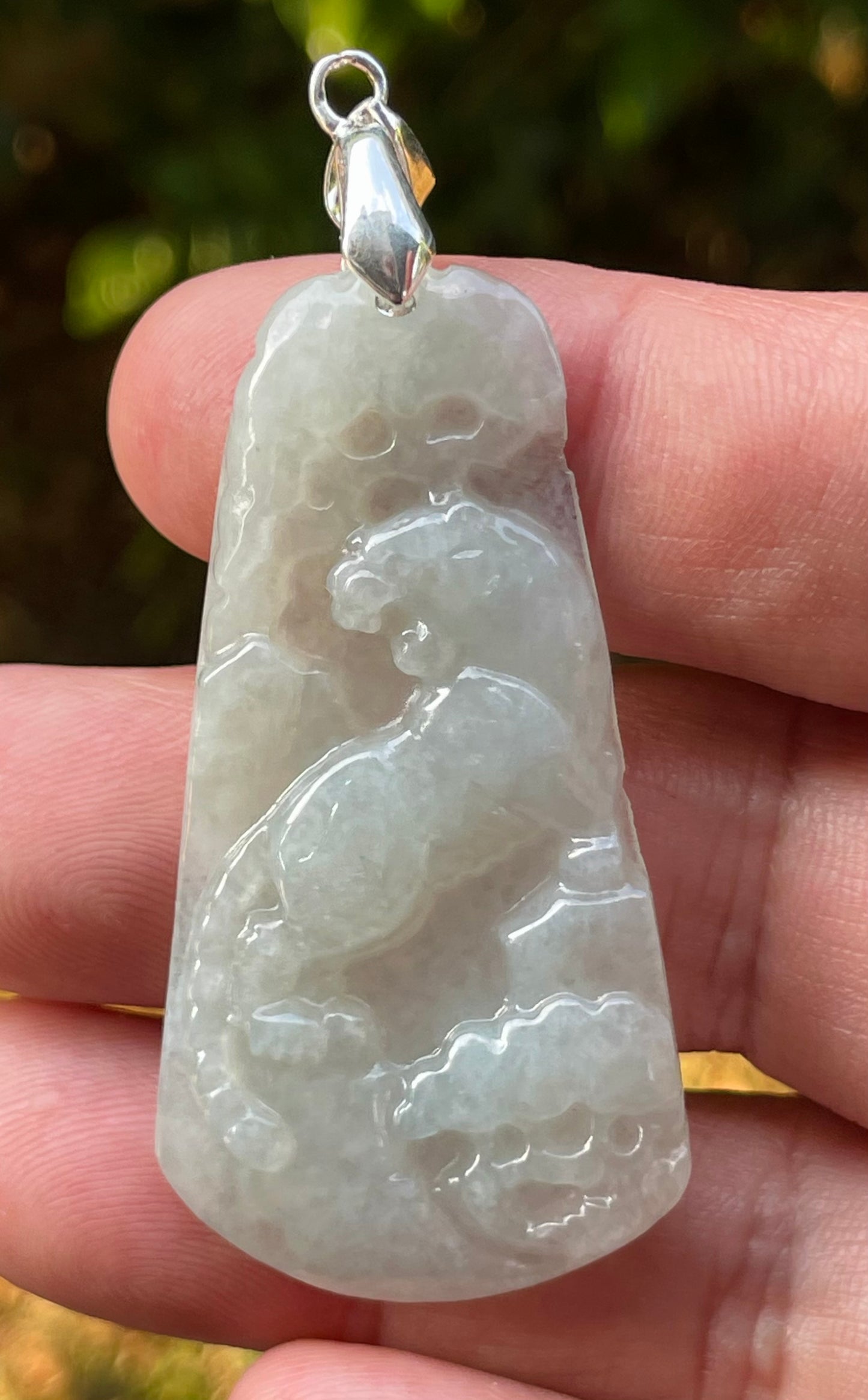 Natural Burmese Jadeite Jade Pendant – Milky White & Apple Green – Hand-Carved Lion Motif – JP090
