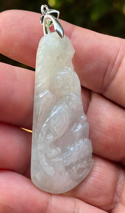 Natural Burmese Jadeite Jade Pendant – Milky White & Apple Green – Hand-Carved Lion Motif – JP090