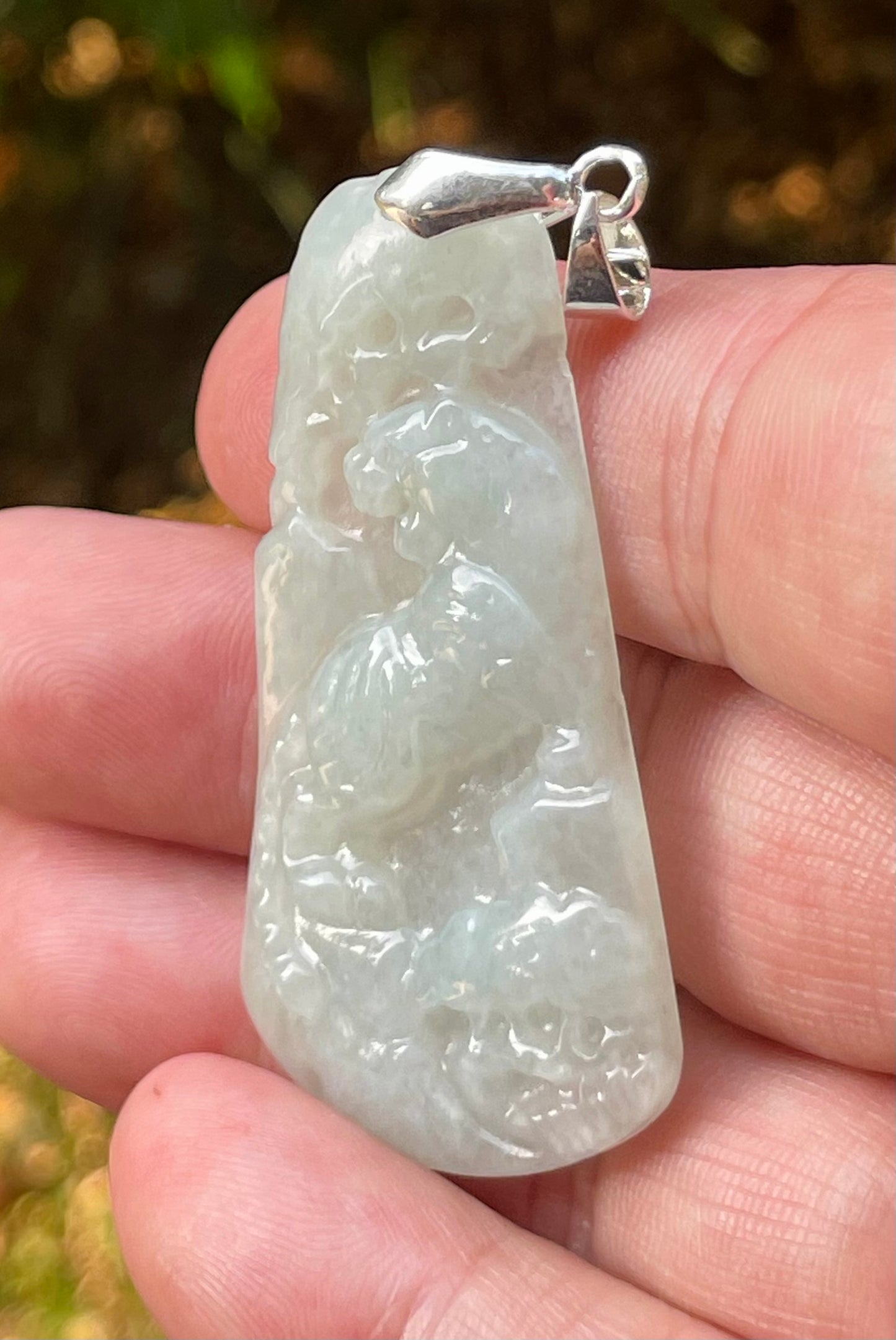Natural Burmese Jadeite Jade Pendant – Milky White & Apple Green – Hand-Carved Lion Motif – JP090