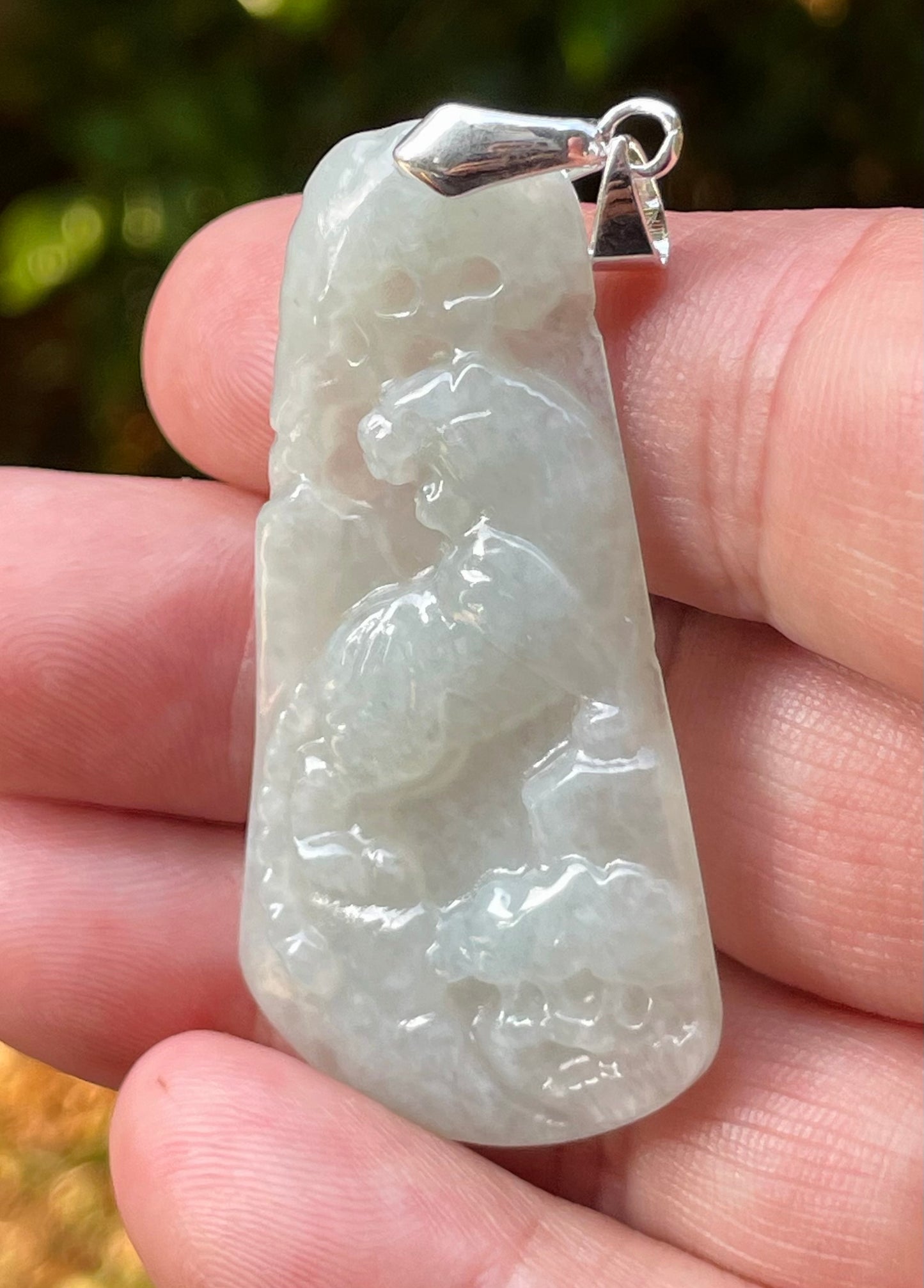 Natural Burmese Jadeite Jade Pendant – Milky White & Apple Green – Hand-Carved Lion Motif – JP090