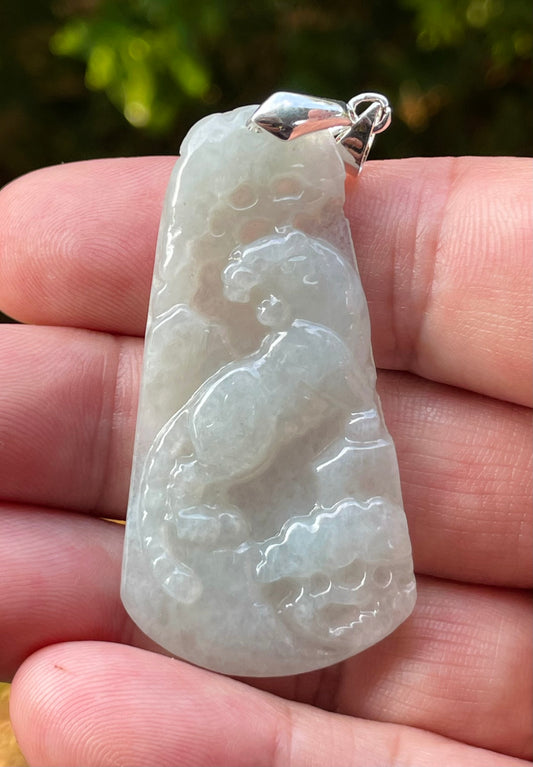 Natural Grade A Burmese Jadeite Jade Pendant – Milky White & Apple Green – Hand-Carved Lion Motif – JP090