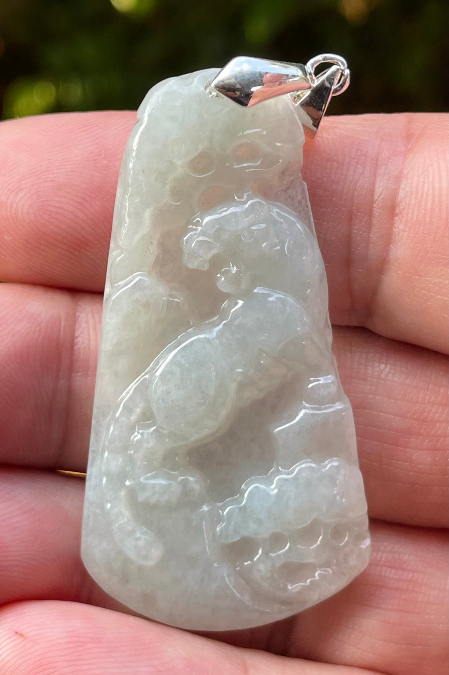 Natural Burmese Jadeite Jade Pendant – Milky White & Apple Green – Hand-Carved Lion Motif – JP090