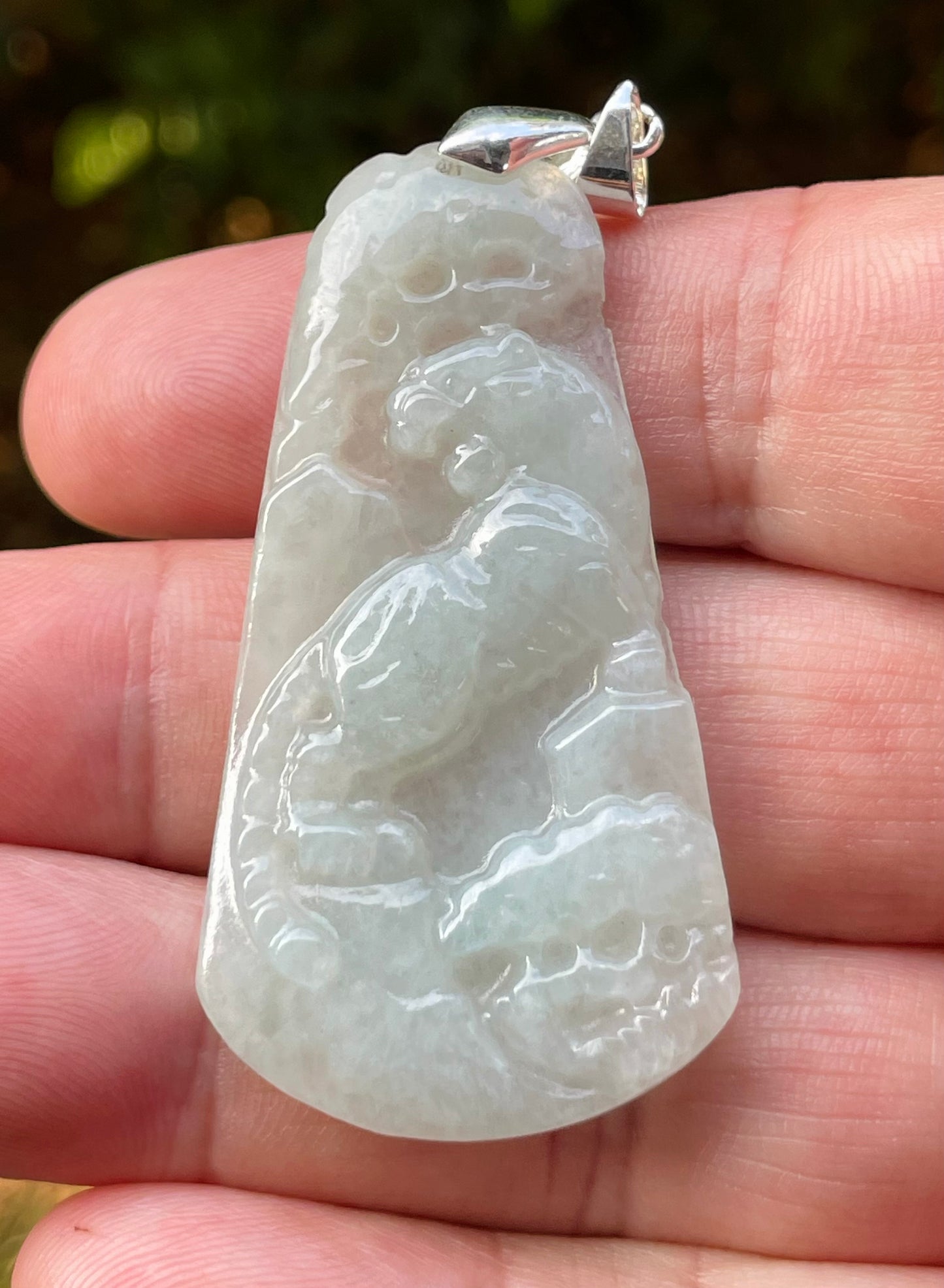 Natural Burmese Jadeite Jade Pendant – Milky White & Apple Green – Hand-Carved Lion Motif – JP090