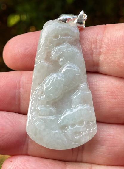 Natural Burmese Jadeite Jade Pendant – Milky White & Apple Green – Hand-Carved Lion Motif – JP090