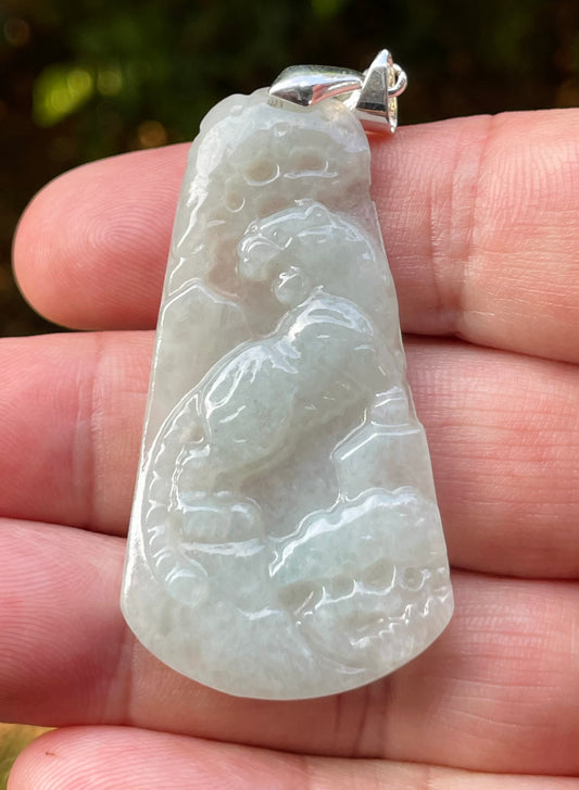 Natural Grade A Burmese Jadeite Jade Pendant – Milky White & Apple Green – Hand-Carved Lion Motif – JP090