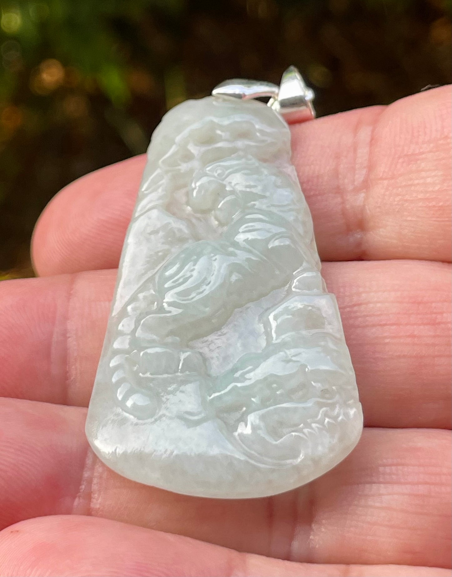 Natural Burmese Jadeite Jade Pendant – Milky White & Apple Green – Hand-Carved Lion Motif – JP090