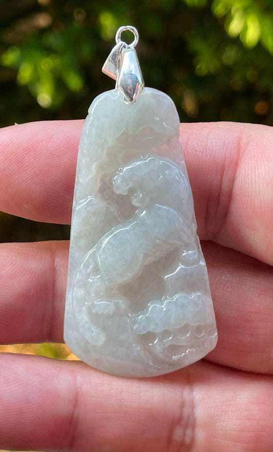 Natural Burmese Jadeite Jade Pendant – Milky White & Apple Green – Hand-Carved Lion Motif – JP090